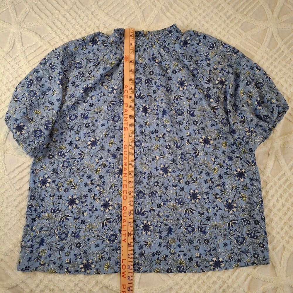 LOFT Blue Floral Smocked Neck Puff Sleeve Blouse Womens Large Lined Top